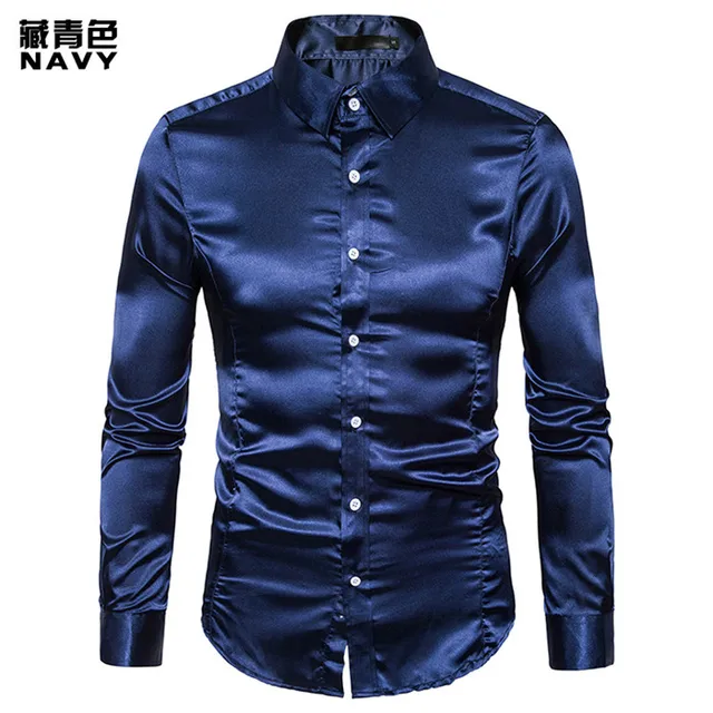 Black Silk Shirt Men 2018 Brand New Slim Fit Long Sleeve Silk Satin