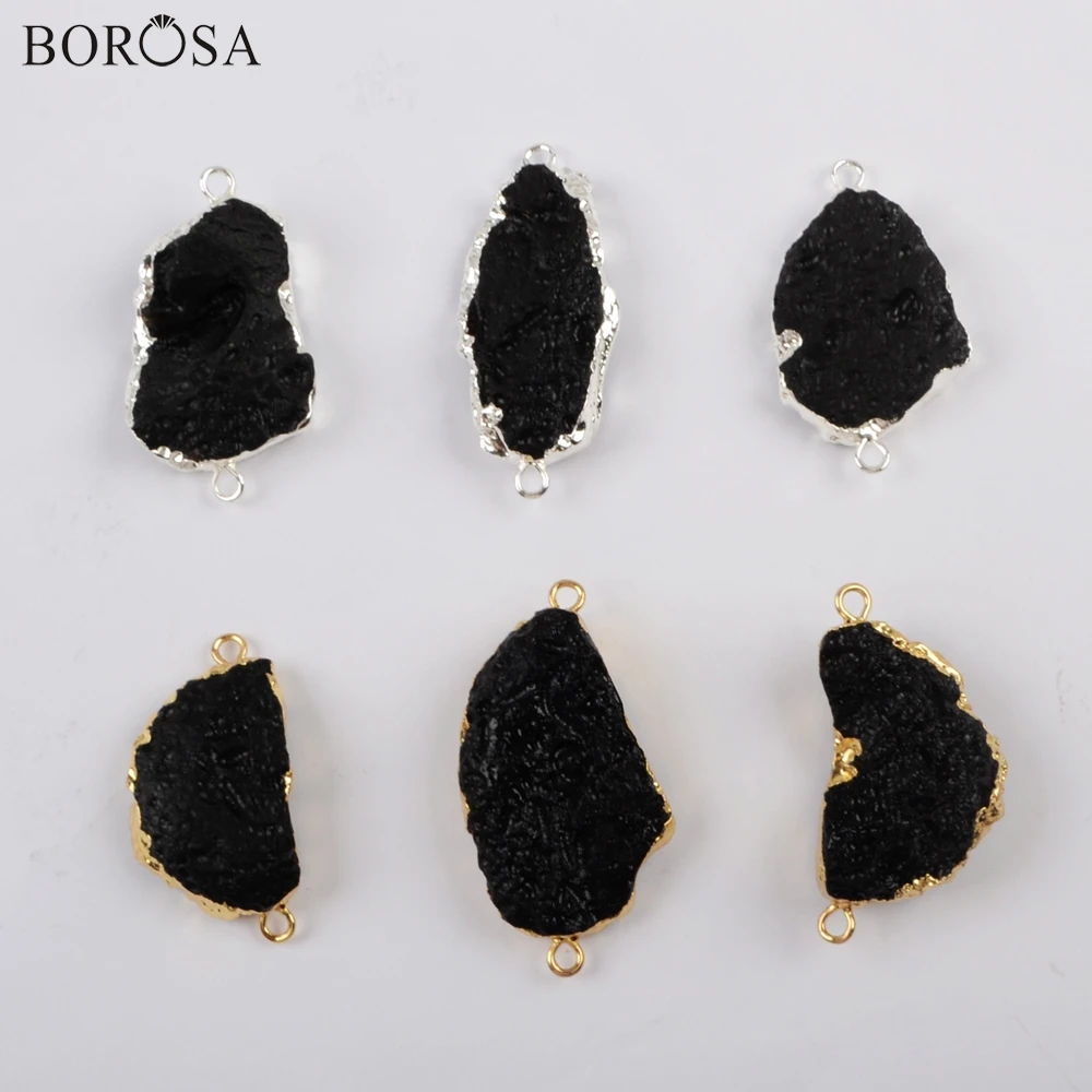 

5PCS Gold/Silver Plated Freeform Rough Black Tourmaline Connector Gems Black Natural Stone for Bracelet/Necklace Jewelry G1819