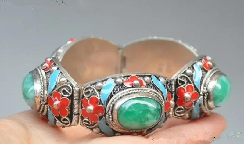 

China's Tibet dynasty palace cloisonne silver inlaid jade bracelet NER059 fine jewe 5.25