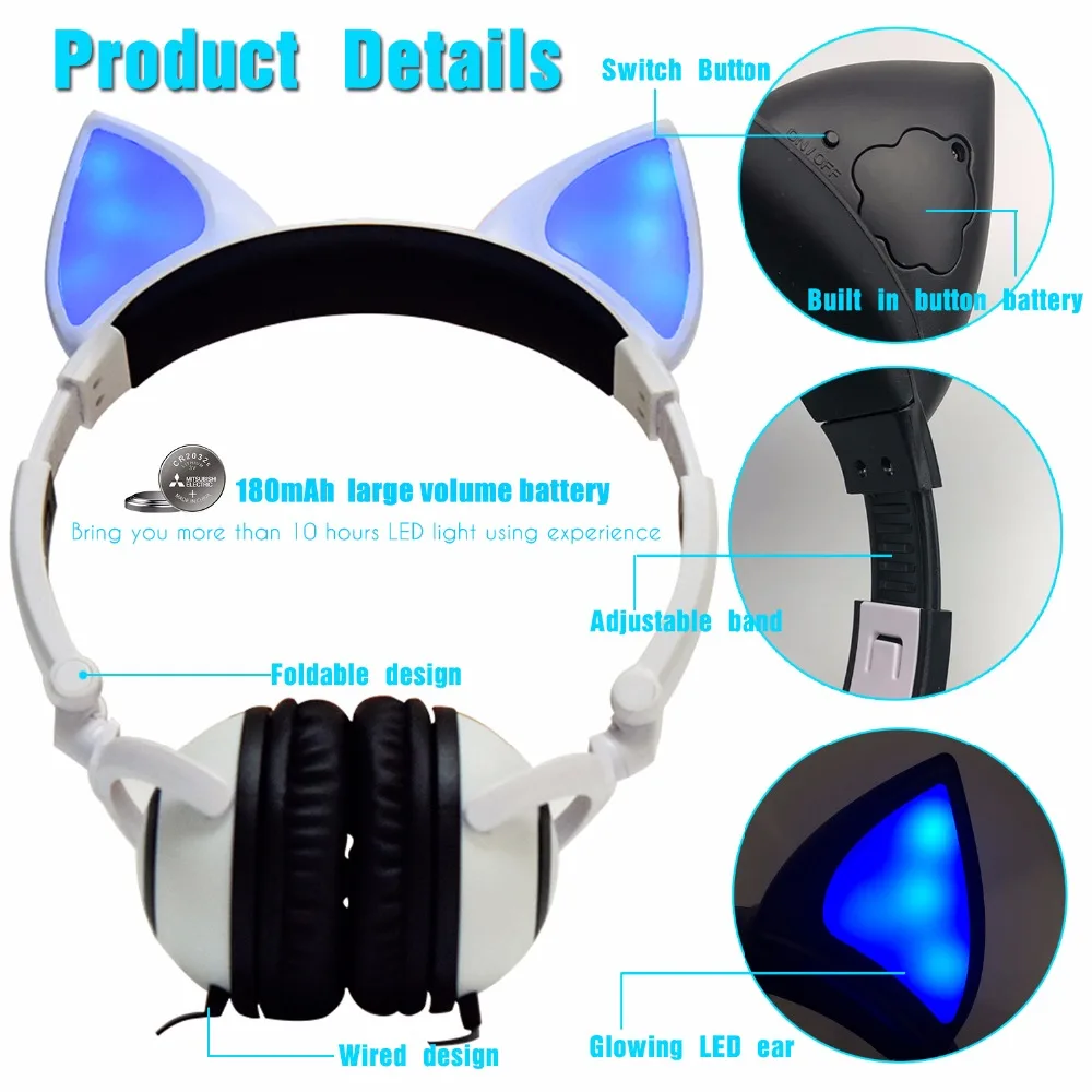 JINSERTA Kids Headphones LED Ear Flashing Glowing Earphone Fox Headsets Gaming Earphones for Adult Children Gifts