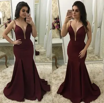

Robe de soiree Spaghetti Straps Sexy V Neck Burgundy Evening Dresses Mermaid Satin Evening Gown Formal Prom Party Gown