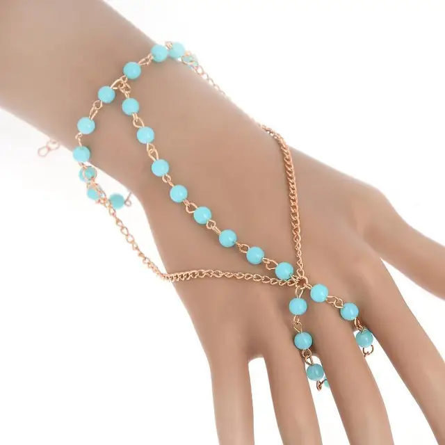 Chic Women S Blue Beads Gold Color Hand Chain Bracelet Bangle With Chic Women S Blue Beads Gold Color Hand Chain Bracelet Bangle With Attached Finger Slave Fashion