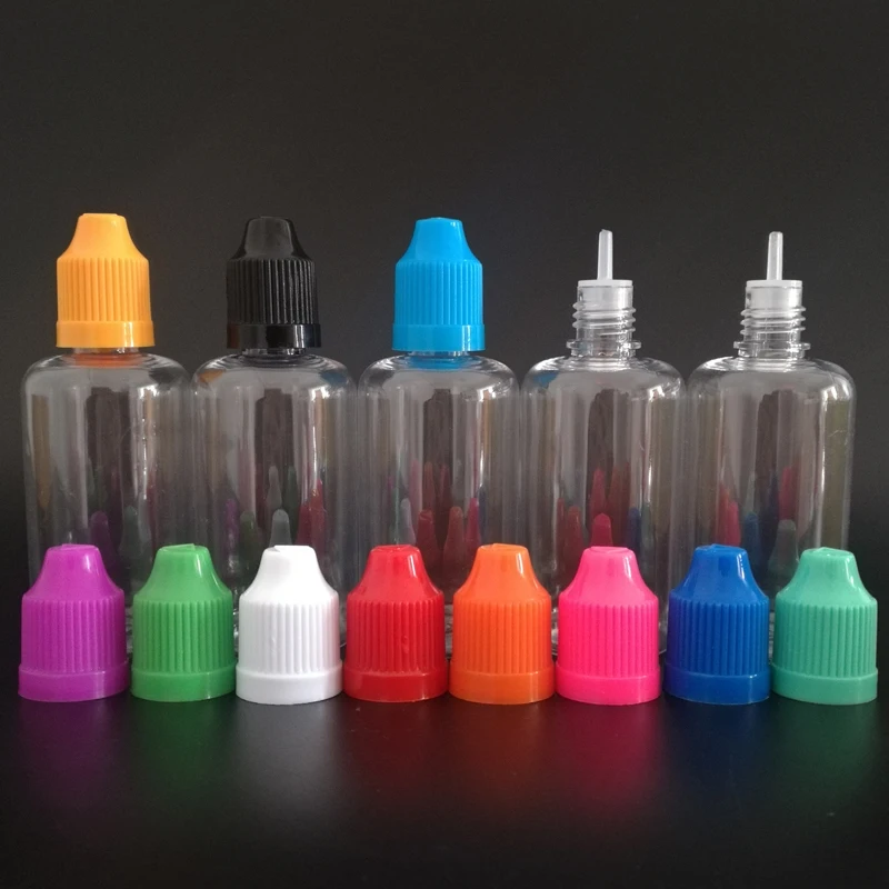 

100pcs/lot, 50ml PET Refillable bottle Empty Plastic Dropper Bottle with Child proof Caps and long thin tips for E cig liquid
