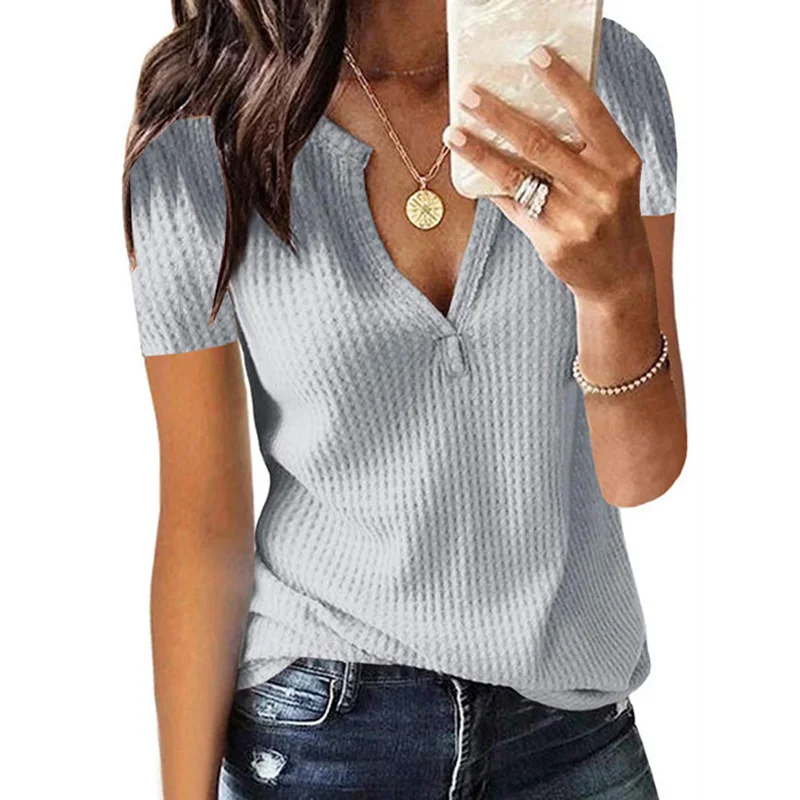 VIEUNSTA 5XL العميق V الرقبة إمرأة قمم و البلوزات أنيقة ثلاثة الأكمام الربع الصلبة قميص الصيف فضفاض الشارع الشهير Blusa المتناثرة