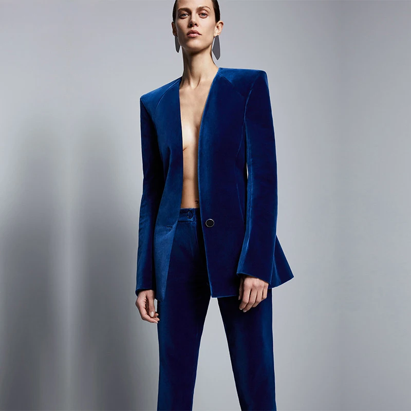 Fashion Royal Blue Velvet Vrouwen Formele Zakelijke Pant Suits Vrouwen Slim Fit Office Dames Smokings Uniform Past Kostuum Femme