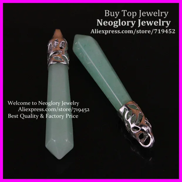 

10PCS Natural Gems Green Aventurine Long Point Pendulum Pendant with Silver Cap,Hexagon Healing Crystal Quartz Wand Pendant