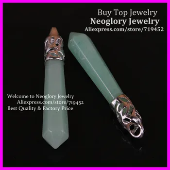 

10PCS Natural Gems Green Aventurine Long Point Pendulum Pendant with Silver Cap,Hexagon Healing Crystal Quartz Wand Pendant