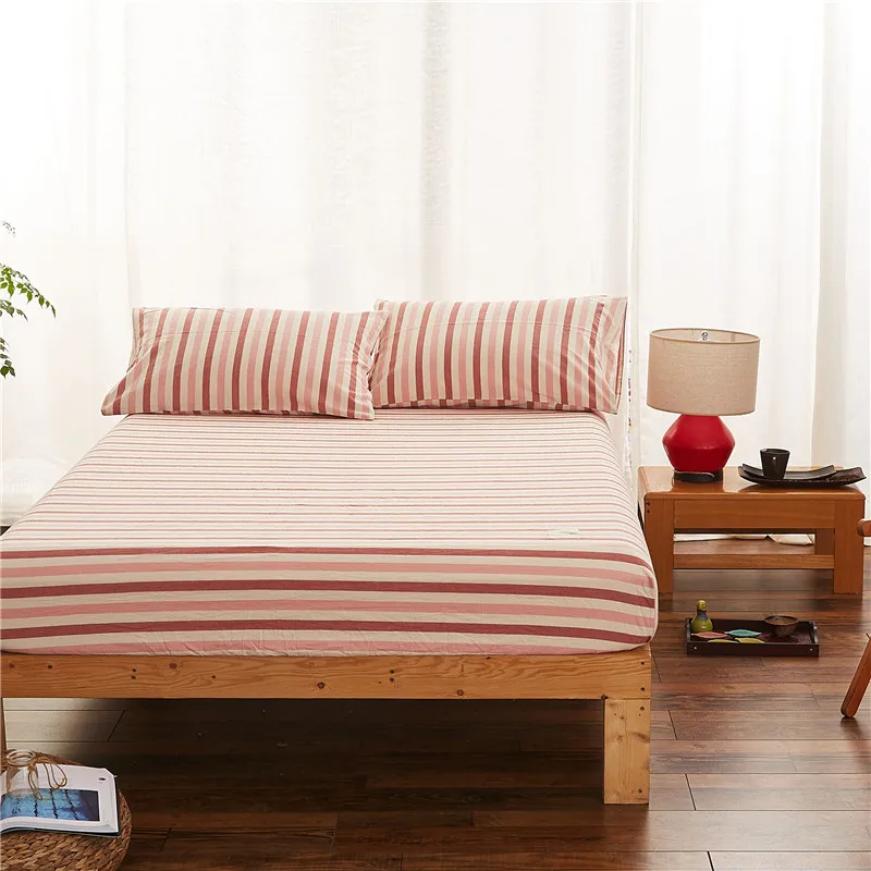 

Modern Style Striped Red 3Pcs 100% Cotton Solid Fitted Sheet Pillowcase Mattress Cover Four Corners With Elastic Band Bed Sheet