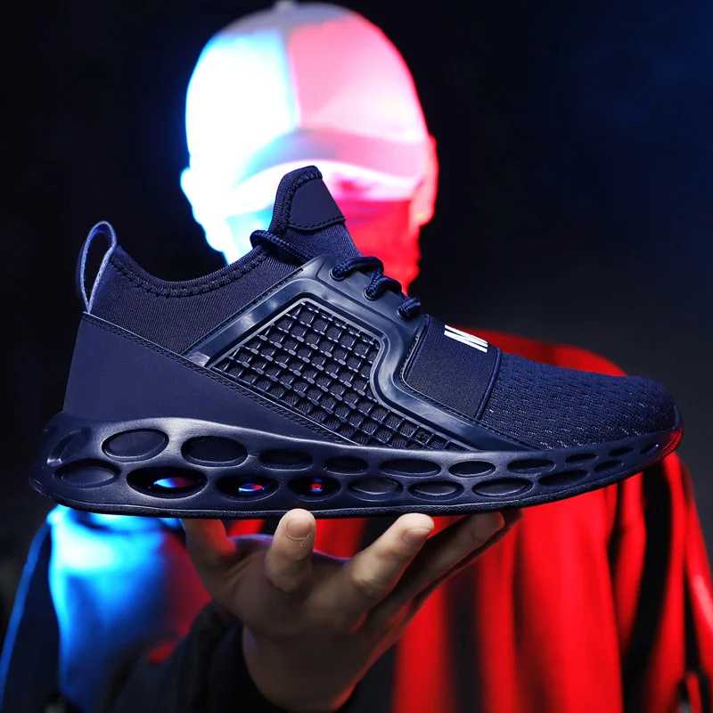 

Weweya Fashion Hollow Damping Walking Shoes Male Cushion Footwear Brand Cool Blade Shoes Men Woven Lace Up Sneakers Blue Tenis