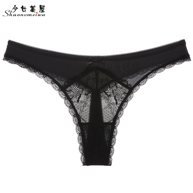 Shaonvmeiwu, французские кружевные сексуальные прозрачные стринги, прозрачные штаны, тонкие, стильные, большие размеры, черные, женские, с низкой талией - Цвет: Черный
