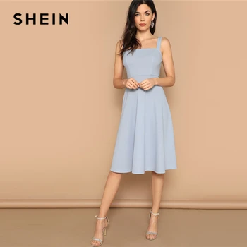 SHEIN Однотонное Приталенное Расклешенное Платье С Молнией Женское Летнее Элегантное Платье Без Рукавов