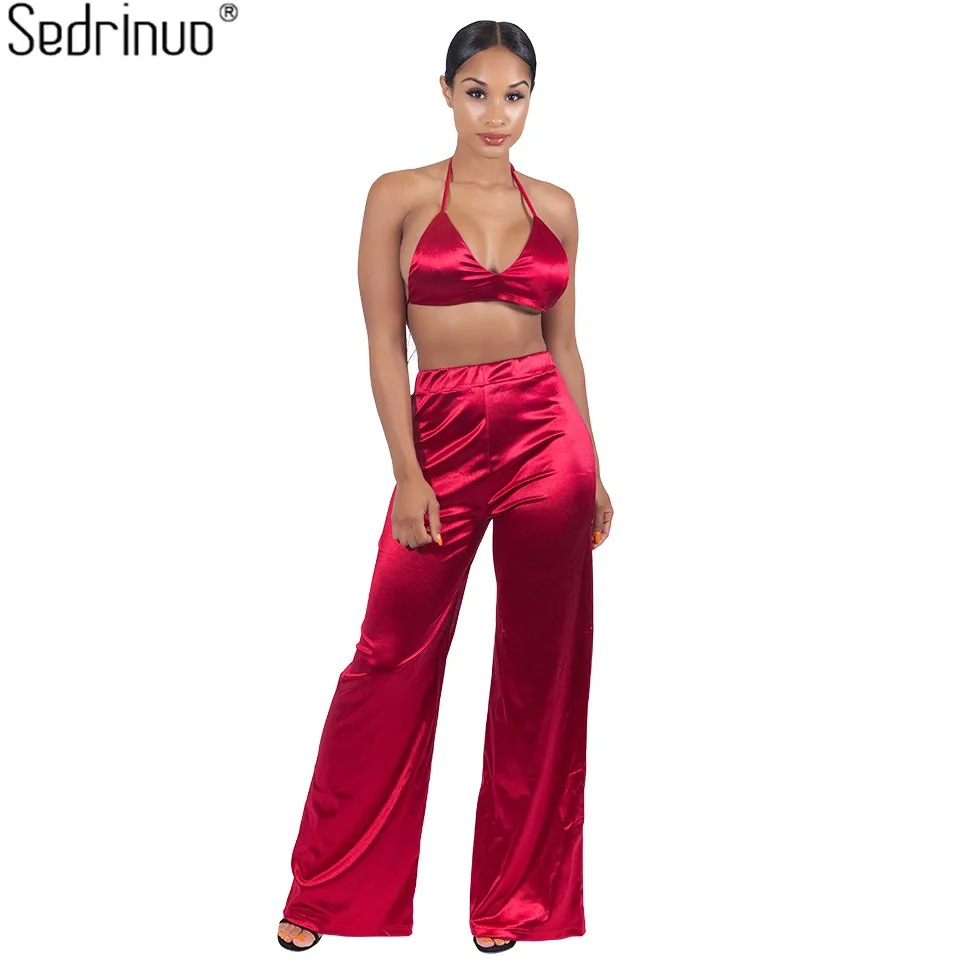 

Sedrinuo Halter Sleeveless Stain Crop Top&Long Pants Two Piece Rompers Women Jumpsuit Wide Legs Bodycon Sexy Overalls for Women