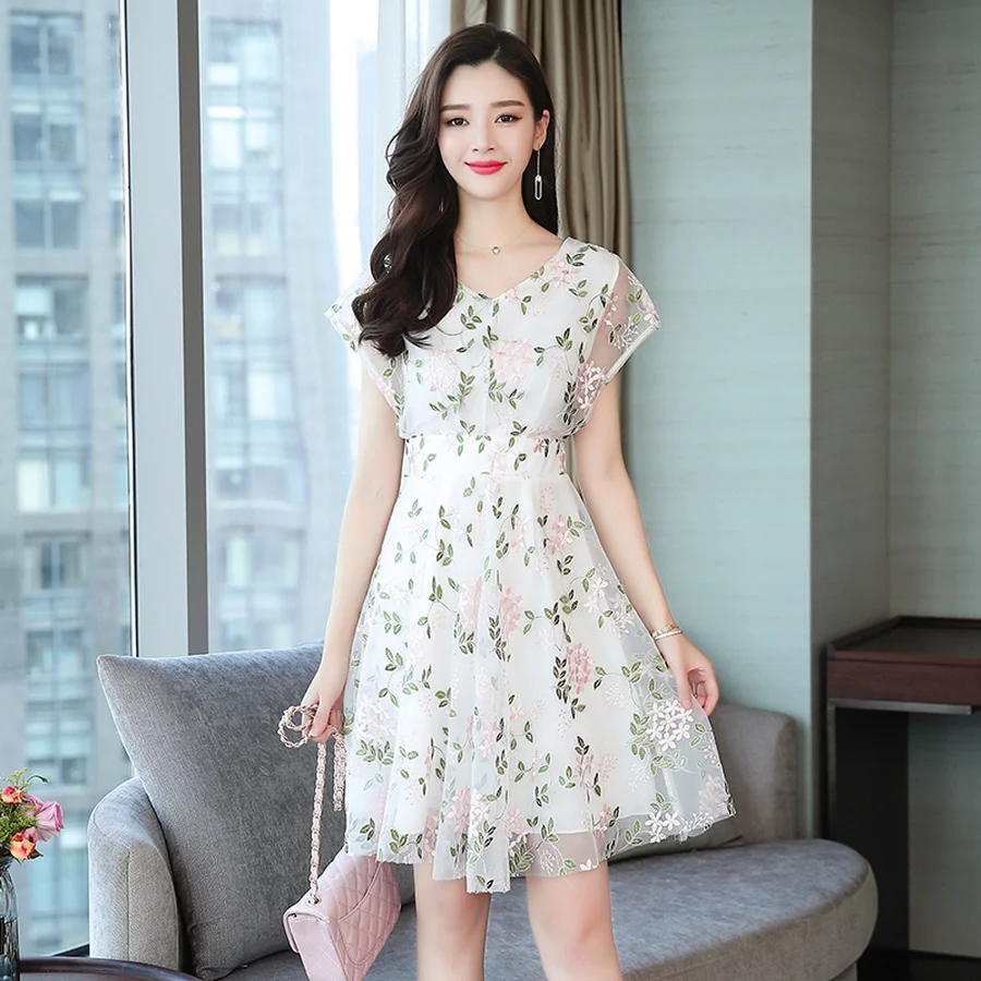 Летние новые белые сетчатые платья корейский винтажный Шифоновый Сарафан с цветочным рисунком Элегантный женский Бохо миди облегающий короткий рукав Vestidos