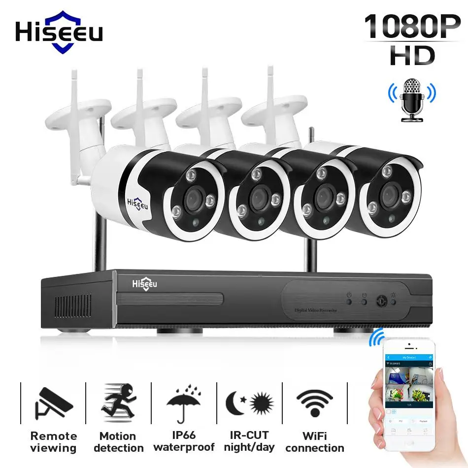 Hiseeu 1080P Беспроводная система видеонаблюдения 4CH 2MP аудио ip-камера Водонепроницаемая сетевая система безопасности комплект видеонаблюдения wifi