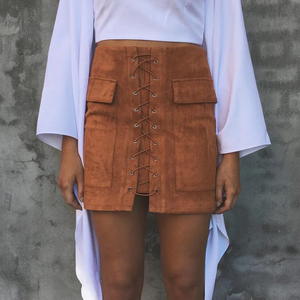 2018 Women's Vintage High Waist External Pocket Tight Suede Lace Up Skirt Autumn Winter Thick Pencil Preppy Mini | Женская одежда