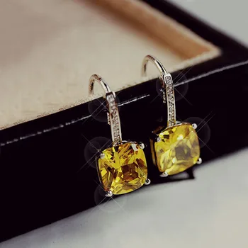 

Elegant Sparkling Genuine 925 Sterling Silver Lemon yellow Square Stone CZ Crystal Drop Earrings Women Jewelry White Gold Color