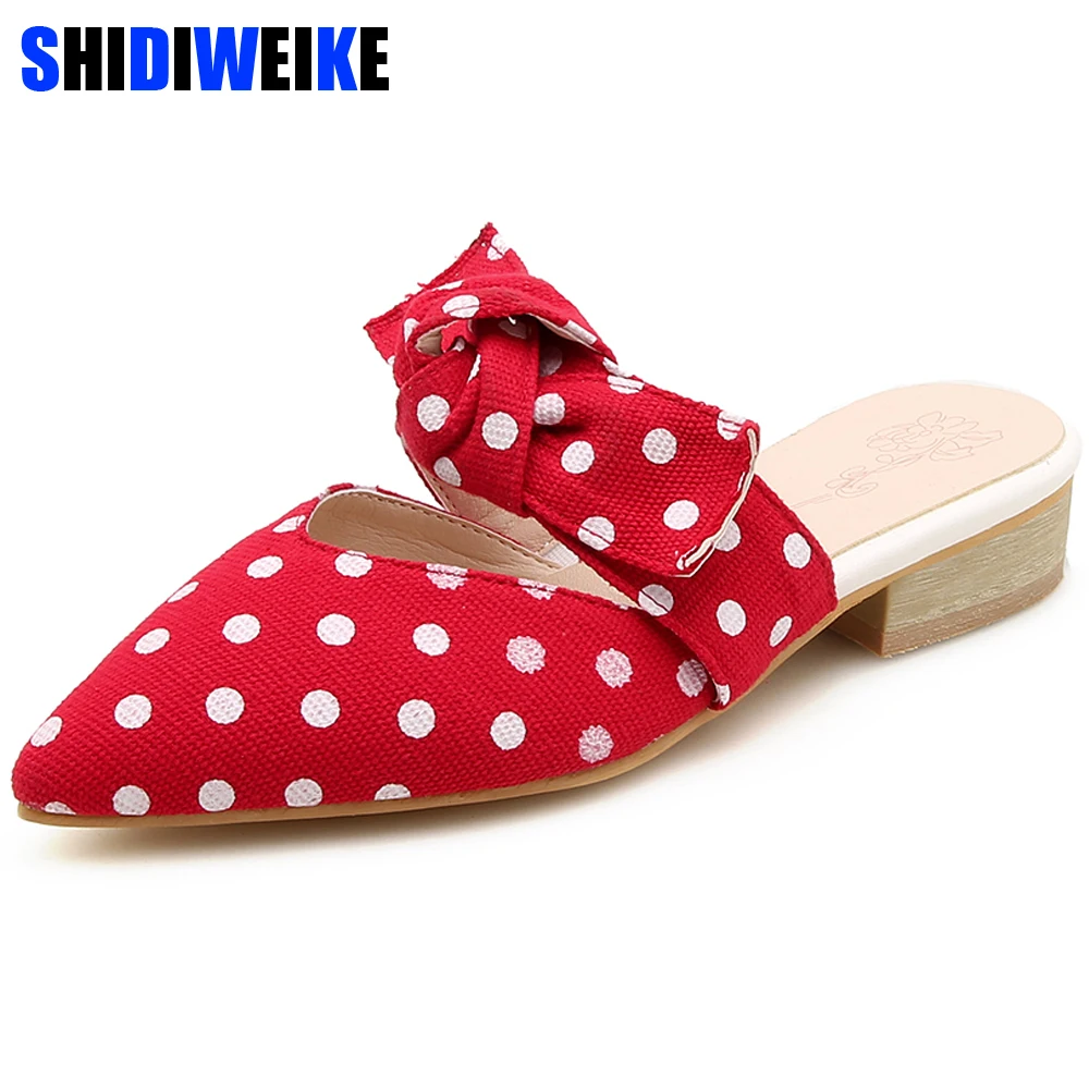 

2019 Summer Square Low Heels Pointed Toe Polka Dot Pattern Sweet Cute Woman Slippers Girls Slides Sandals Mules Plus size 43