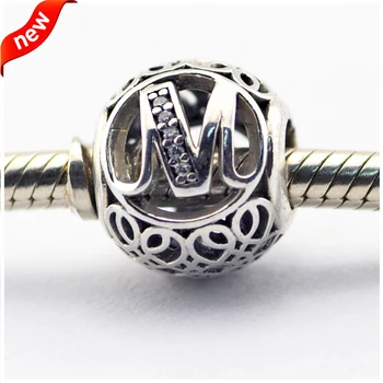 

FANDOLA Genuine 925 Sterling-Silver-Jewelry Beads for Jewelry Making Vintage Letter Beads M with Clear CZ Fits Bracelet Charms
