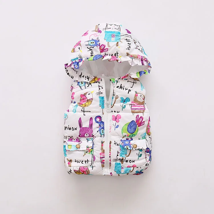 

Autumn Winter Vest Children's Quilted Vest for Girls Cartoon Graffiti Print Cotton Sleeveless Jacket Warm Boys Hooded Waistcoat