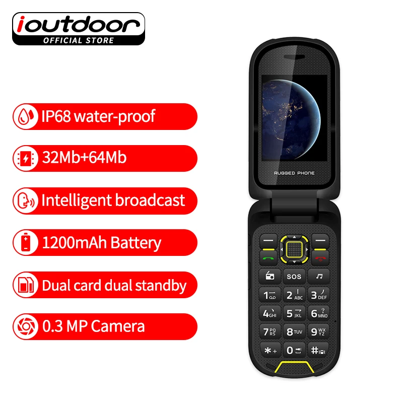 Ioutdoor F2 прочный флип телефон IP68 Водонепроницаемый ударопрочный 2 4 дюймов 32 + 64 Мб