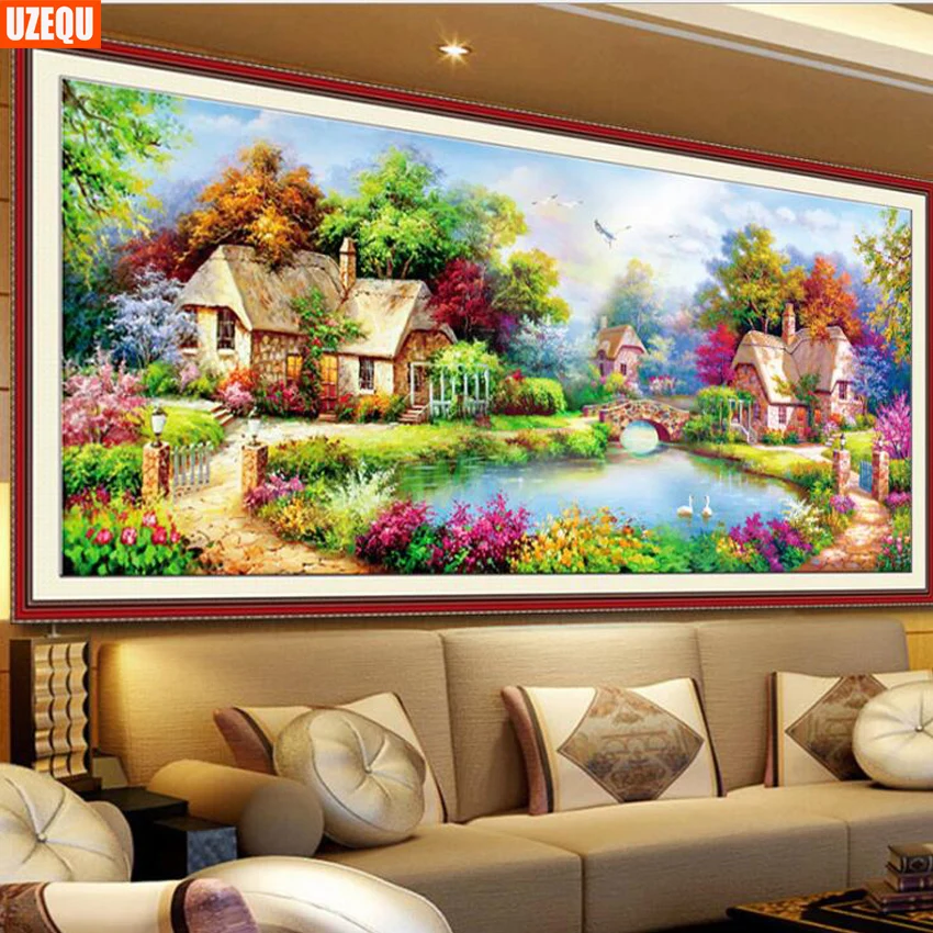 

UzeQu 5D DIY Diamond Painting Cross Stitch Hut Pastoral Scenery Diamond Embroidery Full Round Diamond Mosaic Crafts Wall Picture