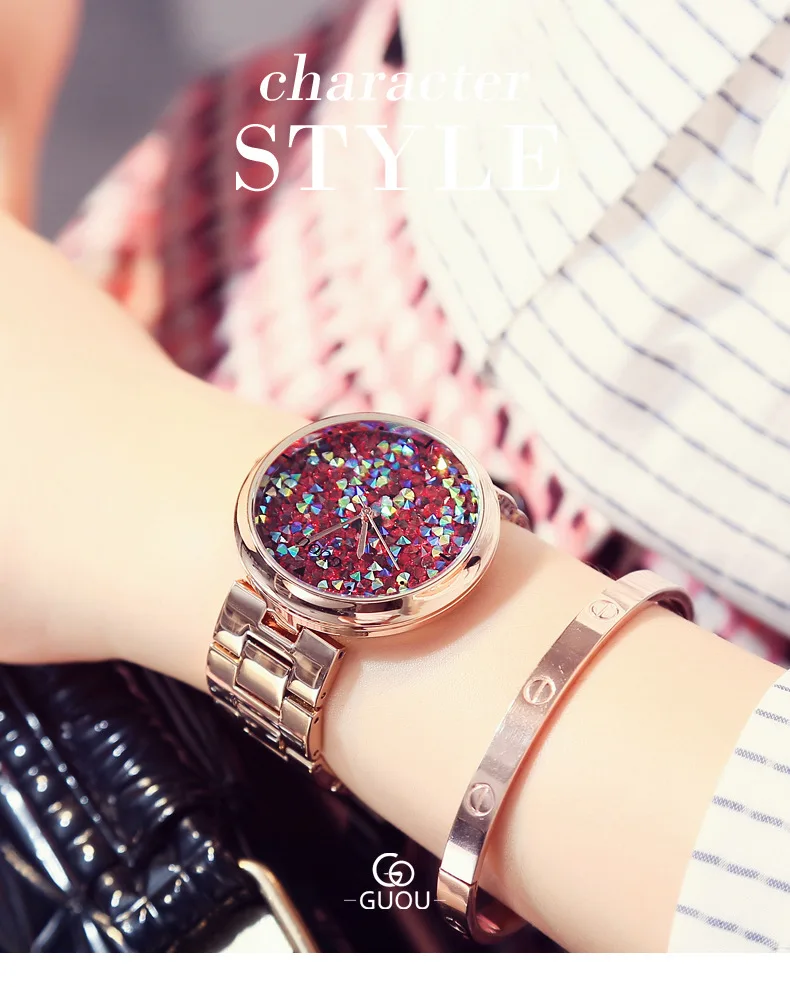GUOU, женские часы, Лидирующий бренд, Роскошные, цветные, бриллиантовые, наручные часы, модные, блестящие, стразы, часы, розовое золото, часы, reloj mujer