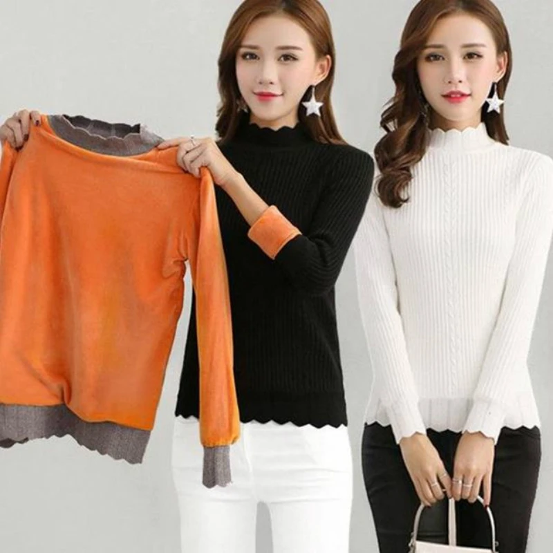 

Winter Plus Velvet Thicken Warm Knitted Women Sweater Long Sleeve Turtleneck Pullover Sweater Casual Slim Knit Sweater