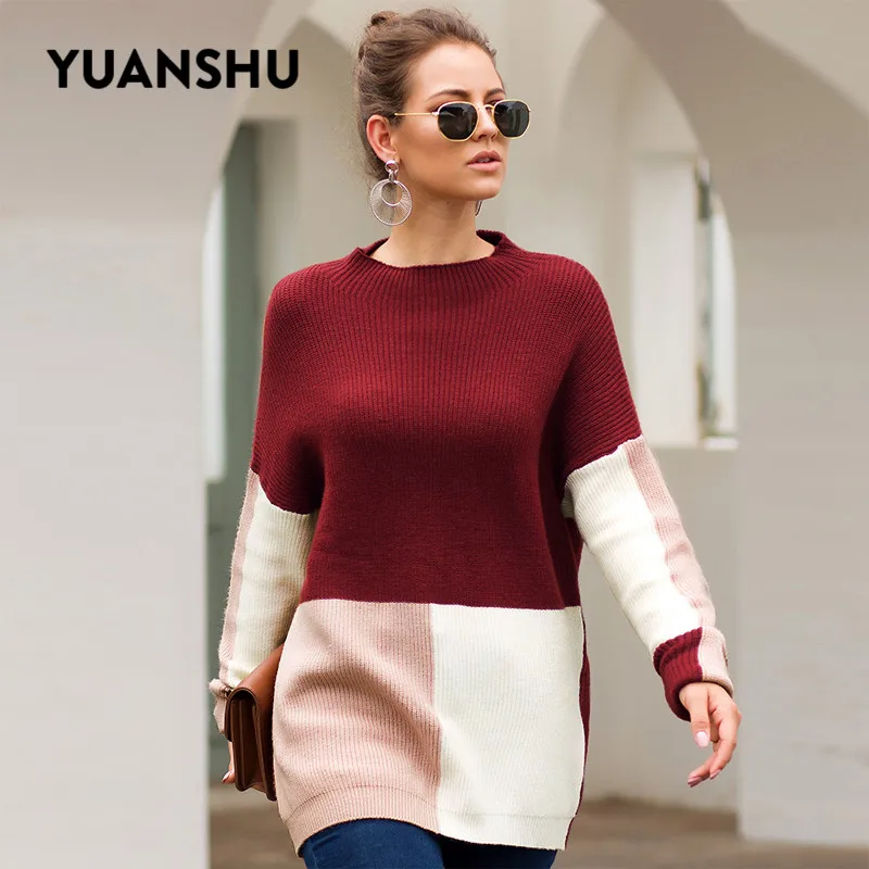 

YUANSHU Fashion Multicolor Block O Neck Pullover Women Sweater 2019 Autumn Winter Female Jumpers Casual Long Sleeve knitted Tops