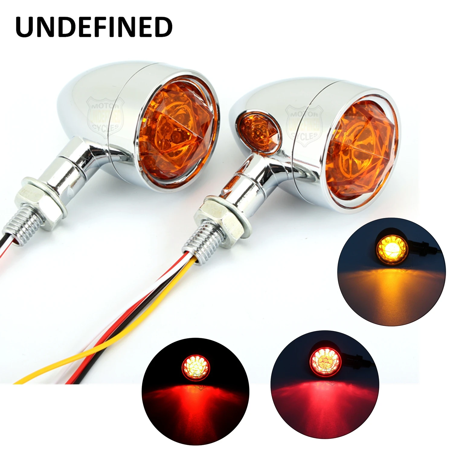 Chrome Motorcycle Turn Signal Lights LED Amber Diamond Lens Brake