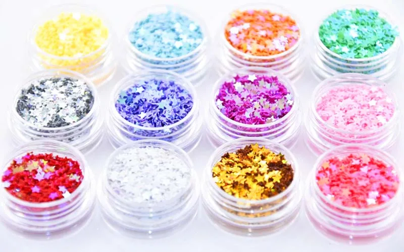 

12 pots in ONE 12 Colours Holographic Stars Shape Glitter Powder Set Nail Art Craft Decoration Iridescent Star Shape Glitter