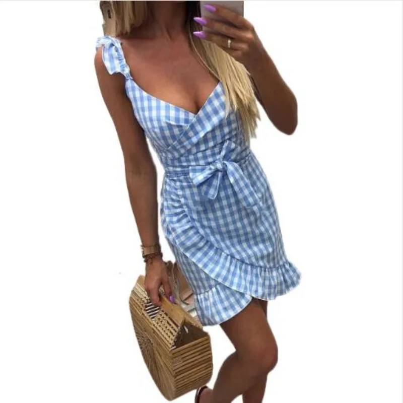 

Summer Women Sexy V-neck Spaghetti Strap Backless Plaid Irregular Dress 2019 New Mini Dresses For Women Vestidos