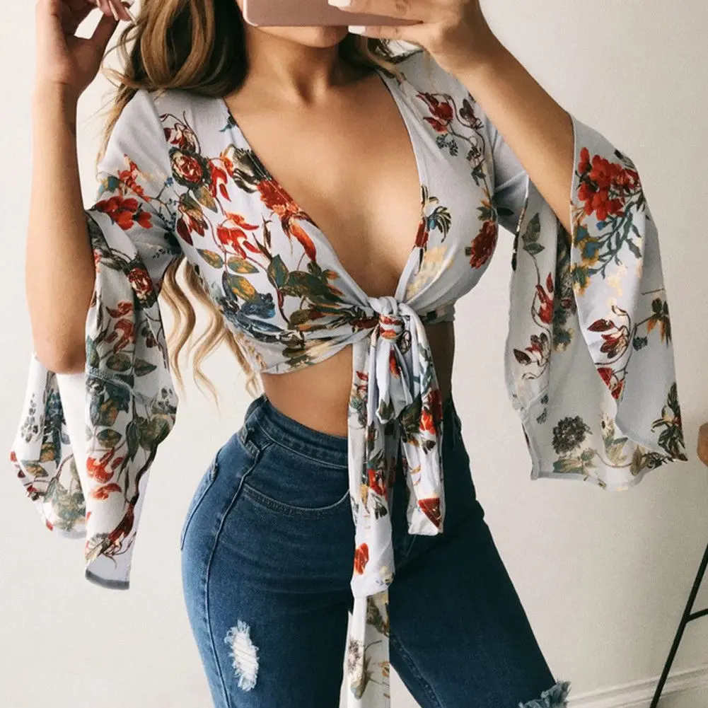 

2018 Newest Style Women Summer TOP SALE Flower Long Sleeve Ladies Casual V-Neck T-Shirt Loose Size S-XL