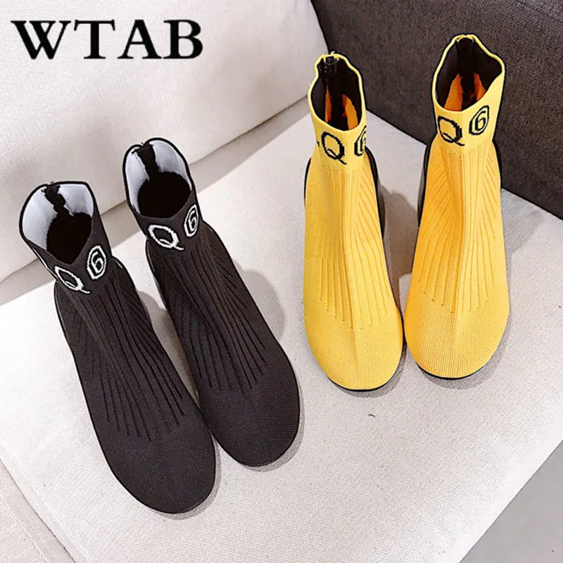 Cheville De Slip on Chaussures Carré jaune Hiver Automne Wtab Noir Femmes Bottes Nouveau 2018 Laine Talon Tricot Mujer Botas Base Boot YPZnZv6z