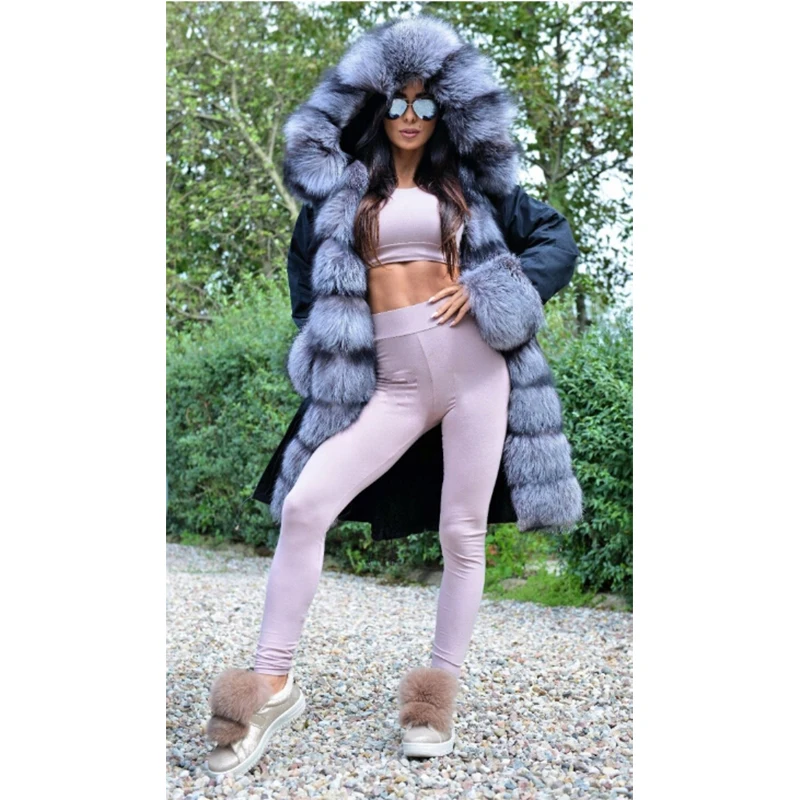 FURSARCAR Fashion 2018 New Real Fur Parka Women Thick Luxury Silver Fur Collar Jacket Winter Fur Female Parkas Plus Size