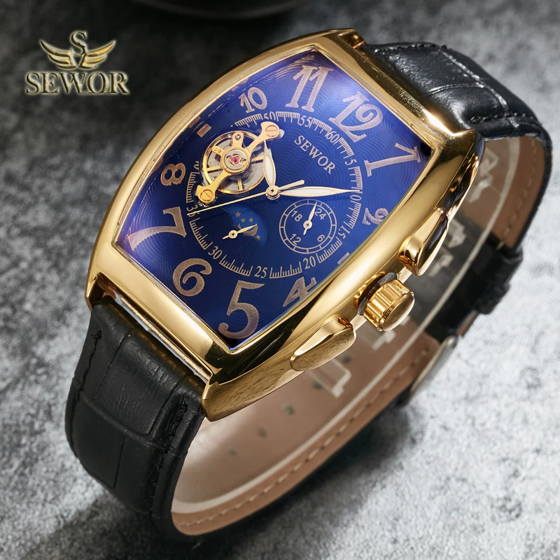 Cena SEWOR Top luksusowa marka moda typ beczki skórzany pasek zegarka mężczyzna automatyczny zegarek mechaniczny zegarki sportowe darmowa wysyłka