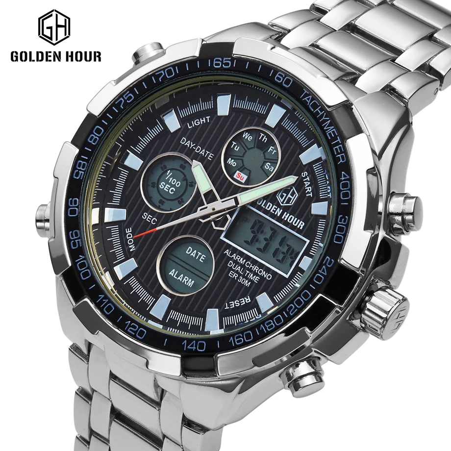 Achat GOLDENHOUR De Luxe Marque Hommes Sport de L armée Militaire Montres Hommes de Quartz Analogique LED Horloge Mâle De Natation Montre relogio masculino