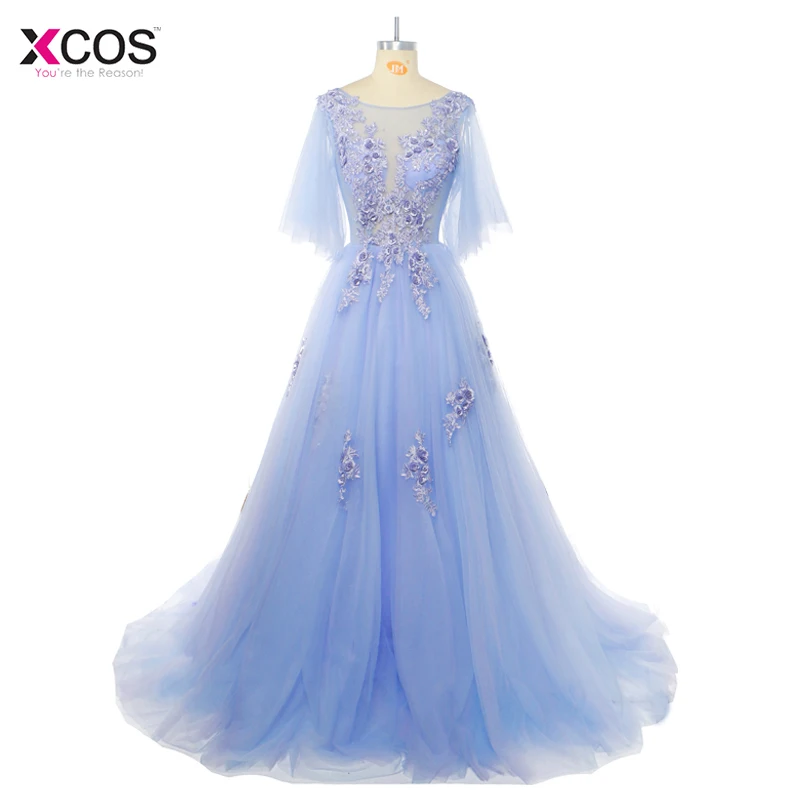 Charming Blue Long Tulle Prom Dresses Flowers A Line Scoop Neck Formal Evening Party Robe de Soiree Custom Made Dress 2018 | Свадьбы и