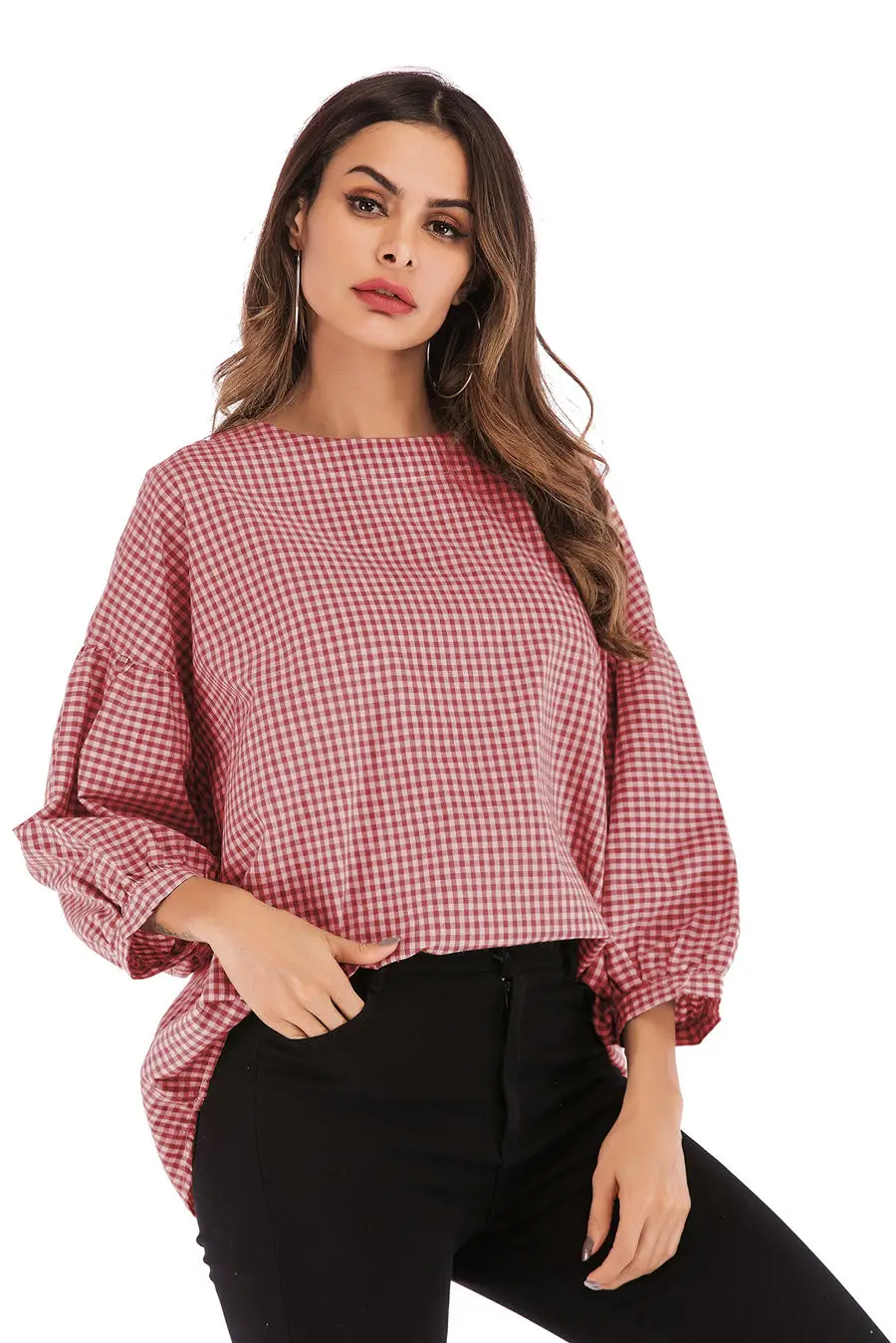 Gladiolus New 2019 Spring Plaid Shirt Women Puff Sleeve O Neck Button Loose Blouse Women Shirts Summer Casual Ladies Shirt Tops (11)
