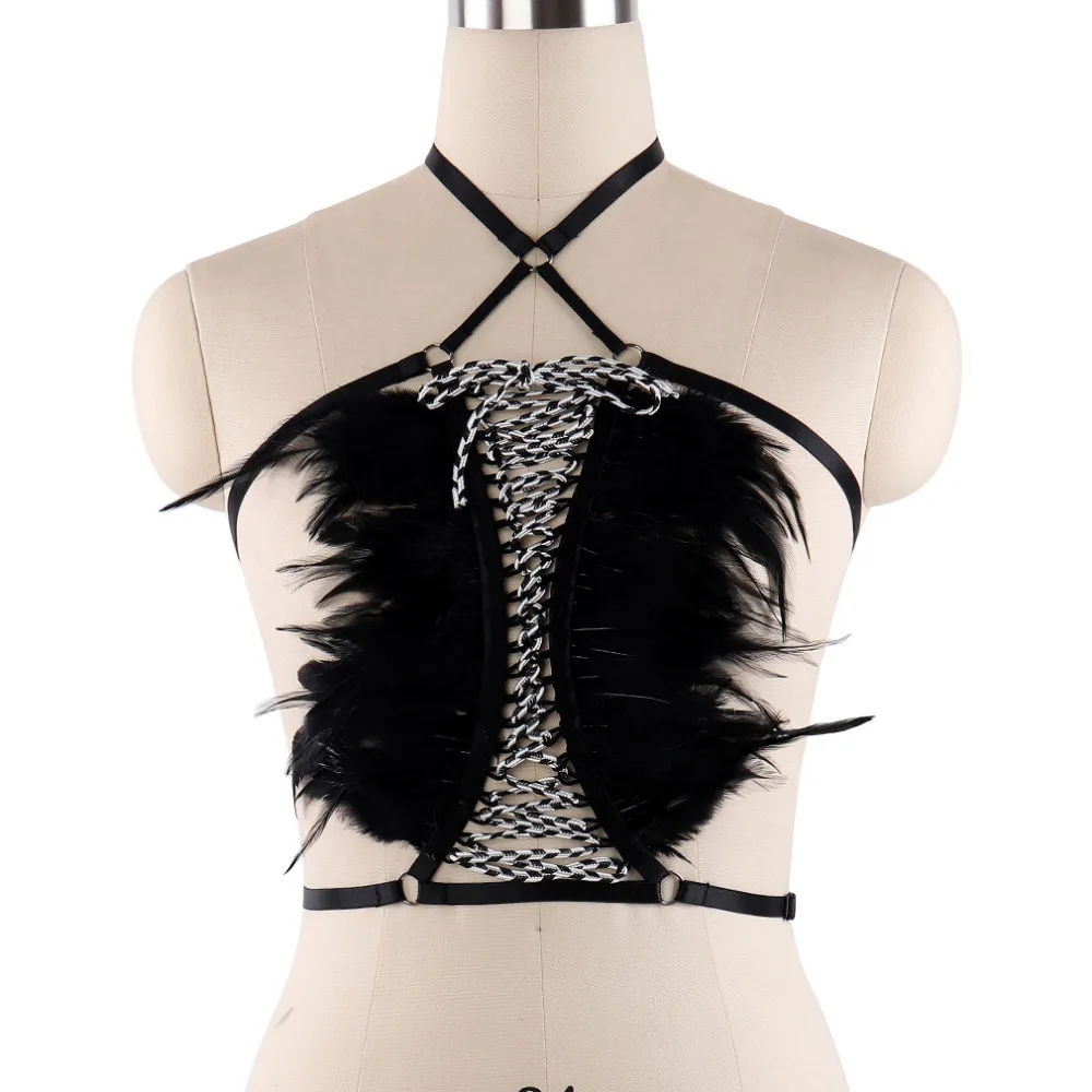 

Womens Harajuku harness Sexy Gothic Feathers Body Harness Exotic Apparel Adjustable Crop Top Feathers Bondage Harness Polyester