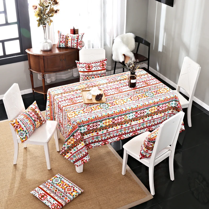 

Bohemian Ethnic Style Color Print 1pcs Bedding Tablecloth Table Cover Lace Edge Dining Cotton Canvas Table Cloth Home Decoration