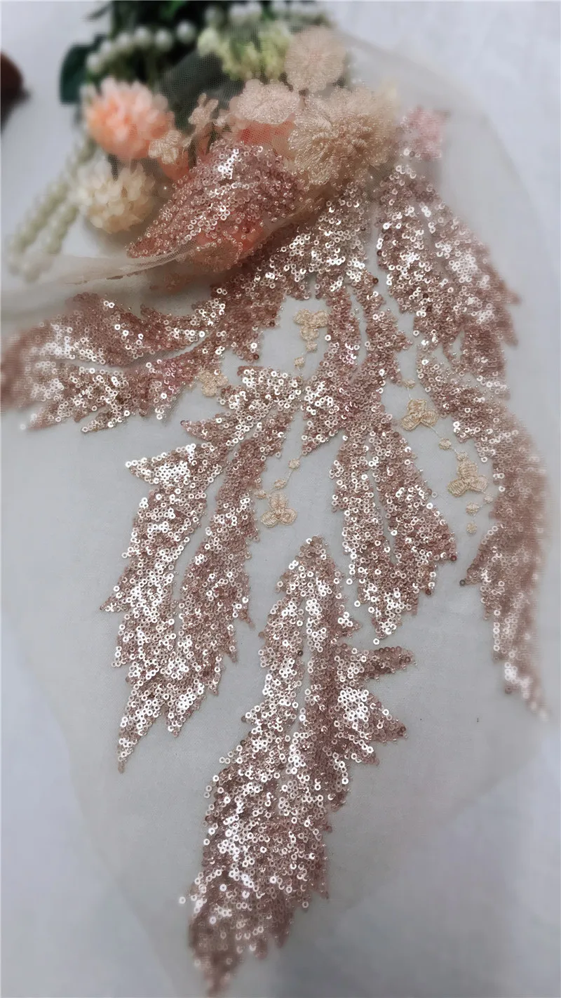 

Champagne Beading Wedding Lace Applique,Sewing Bead Delicate French Lace Sticker Heavy Embroidery Florals with Sequin 1 Piece