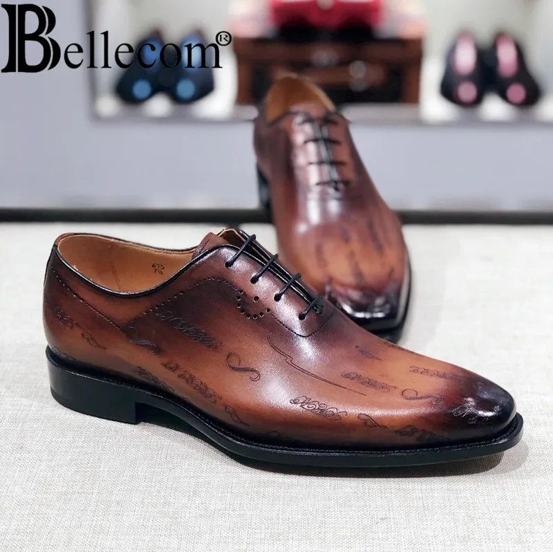 

BELLECOM 2019 Men's shoes new leather leather luxury goods square head embroidery banding meeting white-collar gentleman shoes