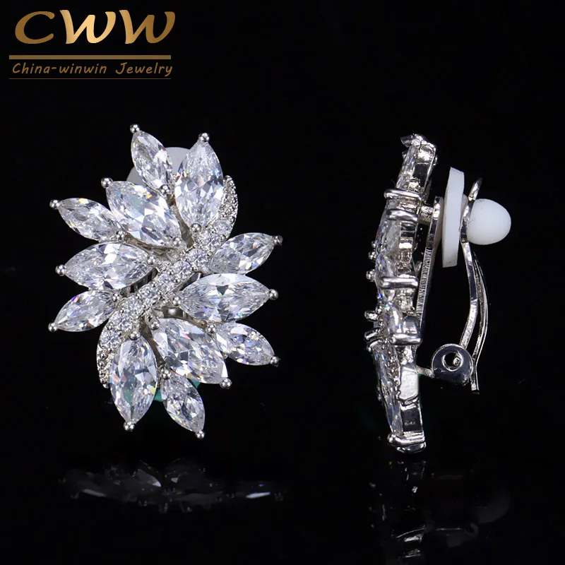CWWZircons классический цветок форма CZ камни Серебряный цвет без пирсинга отверстие Ушная клипса серьги ювелирные изделия для женщин CZ160 - Окраска металла: white