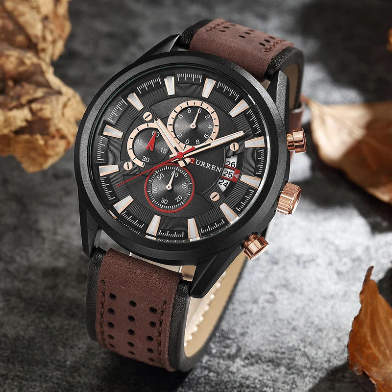 Top CURREN New Watches Men Military Sports Chronograph Wristwatch Men's Leather Waterproof Quartz W