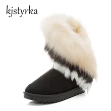 Kjstyrka Women Flat Mid-calf Snow Boots Fur Boots Winter Warm Snow Shoes Round-toe Female Flock Leather Women Shoes Black Pink