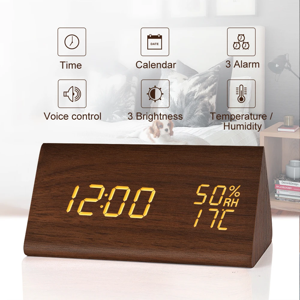 FiBiSonic Современный цифровой светодиодный Будильник Звуковое управление деревянный Despertador настольные часы влажность температура дисплей