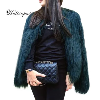 

Helisopus Furry Fur Jackets Women Fluffy Warm Thicken Multi-color Coat Casual Long Sleeve Hairy Collarless Outerwears Plus Size