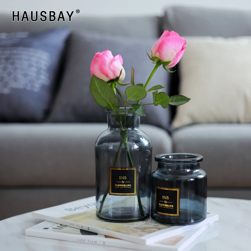 

Nordic Gray Glass Vase Home Jewelry Ornaments Transparent Dried Flowers Hydroponic Small Bottle Vase Home Table Decoration TS026