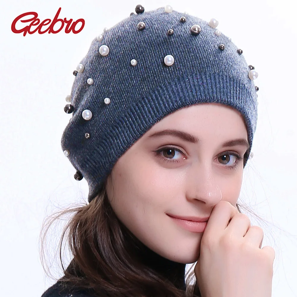 

Geebro Women's Beanie Hat Winter Cashmere Knitted Pearl Slouchy Beanie for Female Women Wool Double Layer Balavaca Skullies Hat