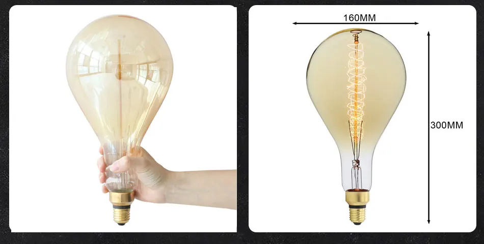 Винтажный светильник Эдисона большого размера PS52 A160, декоративная лампа накаливания E27 220 в 60 Вт, антикварная ретро лампа Эдисона